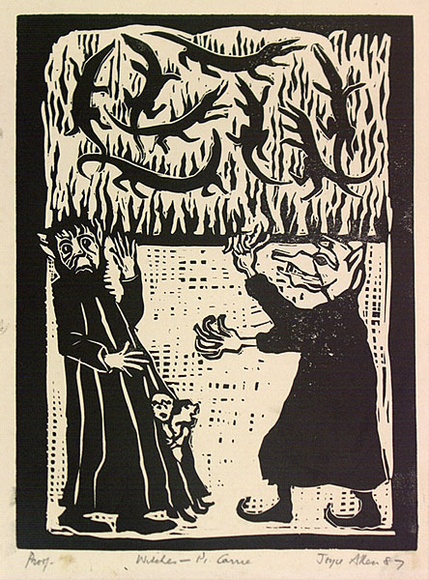 Artist: b'Allen, Joyce.' | Title: b(Wizard Agonis cringes under Wizard Lambertia's wickedness) (Illustration 8). | Date: 1987 | Technique: b'linocut, printed in black ink, from one block' Artist: b'Allen, Joyce.' | Title: b(Wizard Agonis cringes under Wizard Lambertia's wickedness) (Illustration 8). | Date: 1987 | Technique: b'linocut, printed in black ink, from one block'