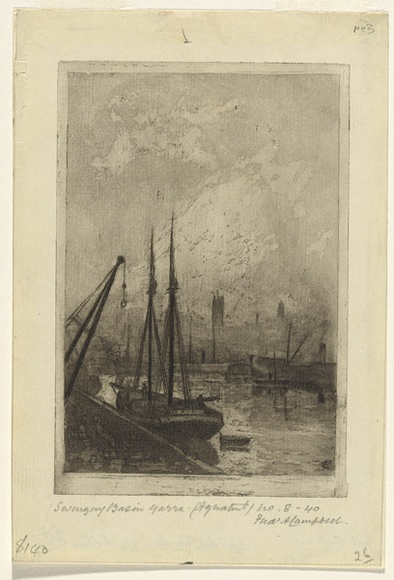 Artist: Campbell, Fred. | Title: Swinging Basin, Yarra. | Date: 1917 | Technique: etching and aquatint, printed in black ink, from one plate Artist: Campbell, Fred. | Title: Swinging Basin, Yarra. | Date: 1917 | Technique: etching and aquatint, printed in black ink, from one plate