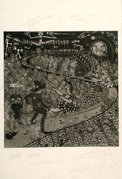 Artist: b'COLEING, Tony' | Title: b'Welcome to the world, - Cop this.' | Date: 1986-88 | Technique: b'etching and drypoint, printed in black ink, from one plate' Artist: b'COLEING, Tony' | Title: b'Welcome to the world, - Cop this.' | Date: 1986-88 | Technique: b'etching and drypoint, printed in black ink, from one plate'