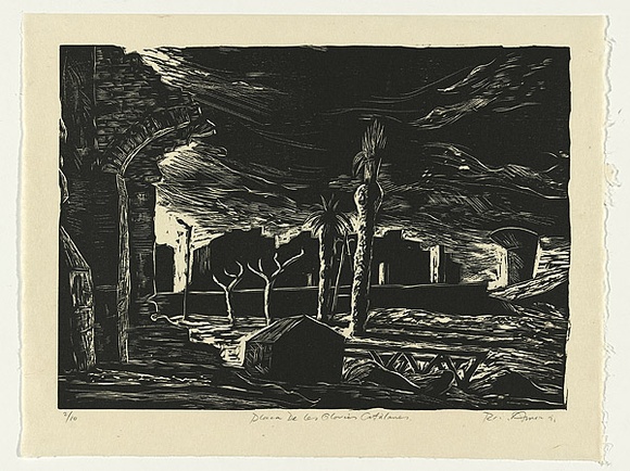 Artist: b'AMOR, Rick' | Title: b'Place de les Glories Catalanes.' | Date: 1991 | Technique: b'woodcut, printed in black ink, from one block' Artist: b'AMOR, Rick' | Title: b'Place de les Glories Catalanes.' | Date: 1991 | Technique: b'woodcut, printed in black ink, from one block'