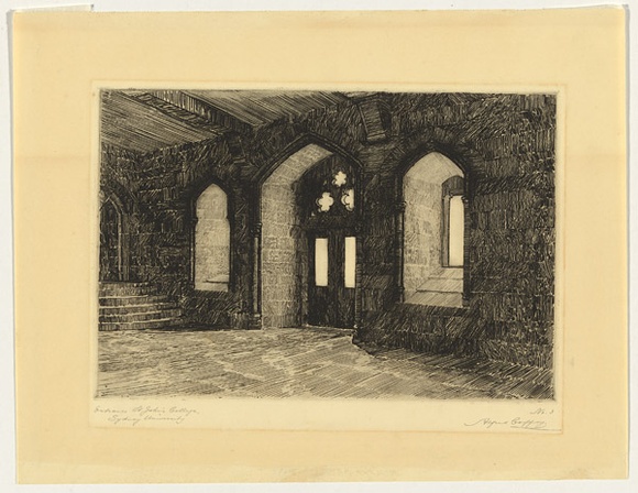 Artist: b'Coffey, Alfred.' | Title: b'Entrance, St. John College, Sydney University.' | Date: 1917 | Technique: b'etching, printed in black ink, from one plate' Artist: b'Coffey, Alfred.' | Title: b'Entrance, St. John College, Sydney University.' | Date: 1917 | Technique: b'etching, printed in black ink, from one plate'