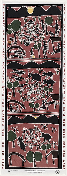 Artist: b'MUNUNGGURR, Marrnyula 2' | Title: b'We belong to the land together with...' | Date: 1990 | Technique: b'screenprint, printed in colour, from multiple stencils' Artist: b'MUNUNGGURR, Marrnyula 2' | Title: b'We belong to the land together with...' | Date: 1990 | Technique: b'screenprint, printed in colour, from multiple stencils'