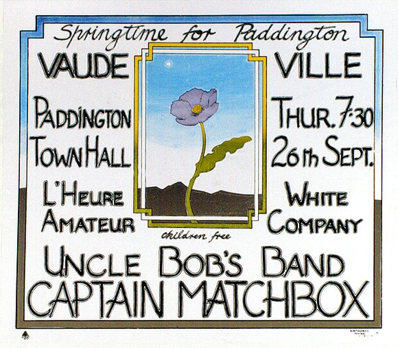 Artist: b'LITTLE, Colin' | Title: b'Springtime for Paddington Vaudeville..' | Date: 1974 | Technique: b'screenprint, printed in colour, from multiple stencils' Artist: b'LITTLE, Colin' | Title: b'Springtime for Paddington Vaudeville..' | Date: 1974 | Technique: b'screenprint, printed in colour, from multiple stencils'