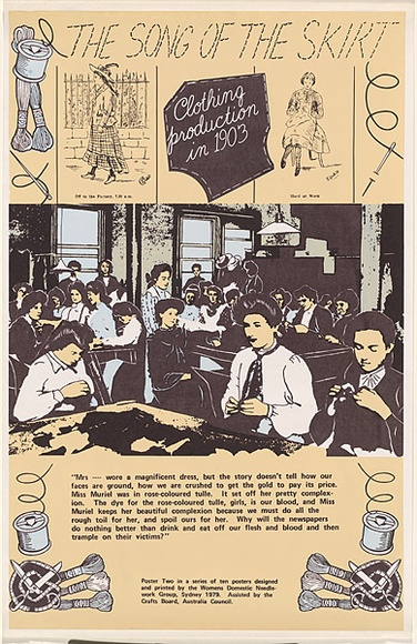 Artist: bWomen's Domestic Needlework Group. | Title: b'The song of the skirt' | Date: 1979 | Technique: b'screenprint, printed in colour, from multiple stencils' Artist: bWomen's Domestic Needlework Group. | Title: b'The song of the skirt' | Date: 1979 | Technique: b'screenprint, printed in colour, from multiple stencils'