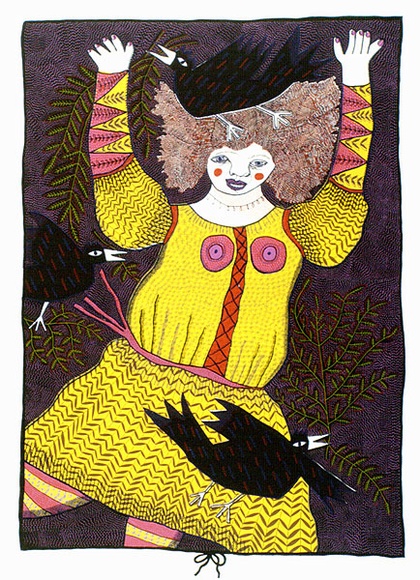 Artist: b'HANRAHAN, Barbara' | Title: b'Girl with birds II' | Date: 1976 | Technique: b'screenprint, printed in colour, from nine stencils'