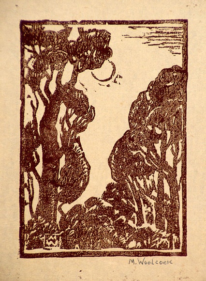 Artist: b'Woolcock, Marjorie.' | Title: b'Trees in moonlight' | Date: 1950s | Technique: b'linocut, printed in brown ink, from one block' Artist: b'Woolcock, Marjorie.' | Title: b'Trees in moonlight' | Date: 1950s | Technique: b'linocut, printed in brown ink, from one block'