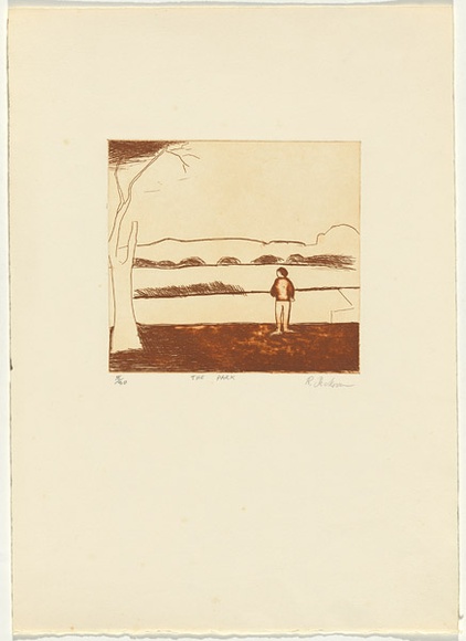 Artist: b'Dickerson, Robert.' | Title: b'The Park.' | Date: 1983 | Technique: b'etching, printed in sepia ink, from one plate' Artist: b'Dickerson, Robert.' | Title: b'The Park.' | Date: 1983 | Technique: b'etching, printed in sepia ink, from one plate'