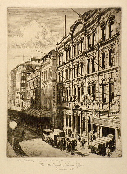 Artist: b'LINDSAY, Lionel' | Title: b'The old Evening News Office, Market Street, Sydney' | Date: 1926 | Technique: b'etching, drypoint and aquatint, printed in black ink with plate-tone, from one plate' | Copyright: b'Courtesy of the National Library of Australia' Artist: b'LINDSAY, Lionel' | Title: b'The old Evening News Office, Market Street, Sydney' | Date: 1926 | Technique: b'etching, drypoint and aquatint, printed in black ink with plate-tone, from one plate' | Copyright: b'Courtesy of the National Library of Australia'