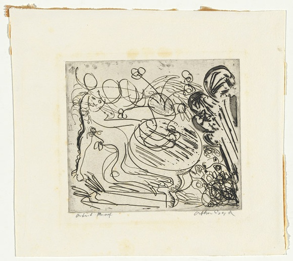 Artist: b'BOYD, Arthur' | Title: bRam and potter's wheel with pot of flowers. | Date: (1968-69) | Technique: b'etching and drypoint, printed in black ink, from one plate' | Copyright: b'Reproduced with permission of Bundanon Trust' Artist: b'BOYD, Arthur' | Title: bRam and potter's wheel with pot of flowers. | Date: (1968-69) | Technique: b'etching and drypoint, printed in black ink, from one plate' | Copyright: b'Reproduced with permission of Bundanon Trust'