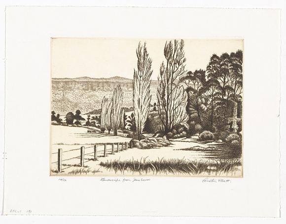 Artist: b'PLATT, Austin' | Title: b'Landscape from Jamberoo, NSW' | Date: c.1987 | Technique: b'etching, printed in black ink, from one plate' Artist: b'PLATT, Austin' | Title: b'Landscape from Jamberoo, NSW' | Date: c.1987 | Technique: b'etching, printed in black ink, from one plate'