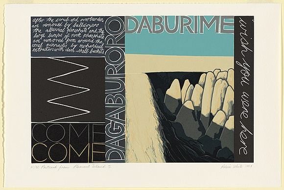 Artist: b'White, Robin.' | Title: b'Postcard from Pleasant Island II' | Date: 1989 | Technique: b'linocut, printed in colour, from mutliple blocks' Artist: b'White, Robin.' | Title: b'Postcard from Pleasant Island II' | Date: 1989 | Technique: b'linocut, printed in colour, from mutliple blocks'