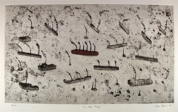 Artist: b'Bowen, Dean.' | Title: b'The red factory' | Date: 1988 | Technique: b'etching, printed in black ink, from one plate' Artist: b'Bowen, Dean.' | Title: b'The red factory' | Date: 1988 | Technique: b'etching, printed in black ink, from one plate'
