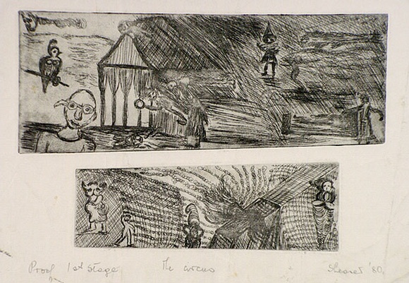 Artist: b'Shearer, Mitzi.' | Title: b'Oh, what a circus!' | Date: 1980-87 | Technique: b'etching, printed in black ink with plate-tone, from two plates' Artist: b'Shearer, Mitzi.' | Title: b'Oh, what a circus!' | Date: 1980-87 | Technique: b'etching, printed in black ink with plate-tone, from two plates'