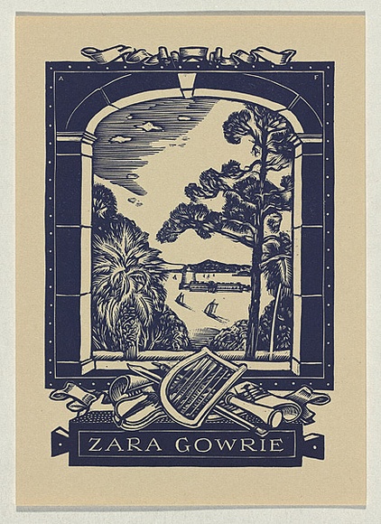 Artist: b'FEINT, Adrian' | Title: b'Bookplate: Zara Gowrie.' | Date: 1944 | Technique: b'wood-engraving, printed in black ink, from one block' | Copyright: b'Courtesy the Estate of Adrian Feint' Artist: b'FEINT, Adrian' | Title: b'Bookplate: Zara Gowrie.' | Date: 1944 | Technique: b'wood-engraving, printed in black ink, from one block' | Copyright: b'Courtesy the Estate of Adrian Feint'
