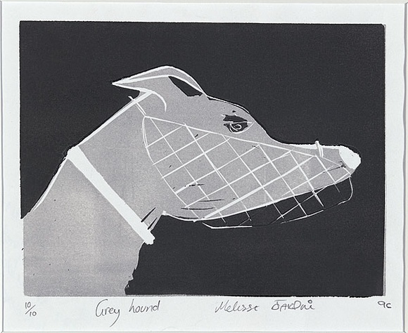 Artist: b'Victoria College for the Deaf.' | Title: b'Greyhound' | Date: 1997 | Technique: b'linocut, printed in colour, from two blocks (black and grey)' Artist: b'Victoria College for the Deaf.' | Title: b'Greyhound' | Date: 1997 | Technique: b'linocut, printed in colour, from two blocks (black and grey)'