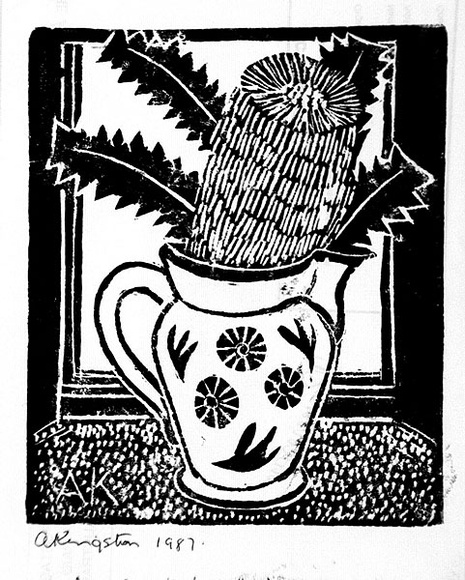 Artist: b'Kingston, Amie.' | Title: b'Birthday card for Jocelyn: Jug of banksia flowers' | Date: 1987 | Technique: b'linocut, printed in black ink, from one block' Artist: b'Kingston, Amie.' | Title: b'Birthday card for Jocelyn: Jug of banksia flowers' | Date: 1987 | Technique: b'linocut, printed in black ink, from one block'