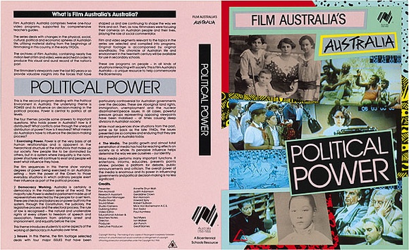 Artist: b'REDBACK GRAPHIX' | Title: b'Video cassette cover: Political power' | Date: 1980 | Technique: b'offset-lithograph, printed in colour' Artist: b'REDBACK GRAPHIX' | Title: b'Video cassette cover: Political power' | Date: 1980 | Technique: b'offset-lithograph, printed in colour'