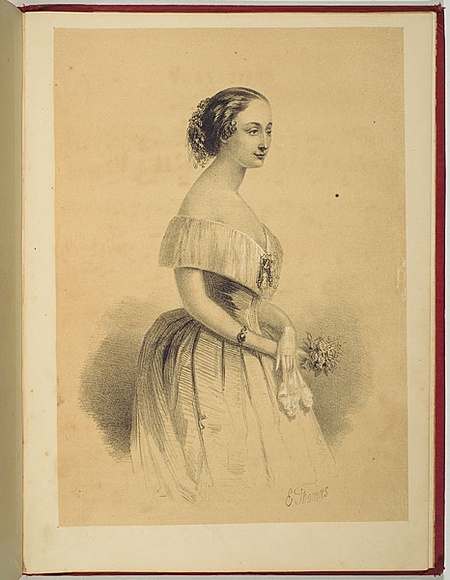 Artist: b'Thomas, Edmund.' | Title: b'not titled [portrait of Miss Catherine Hayes].' | Date: 1857 | Technique: b'lithograph, printed in colour, from two stones (black ink with buff tint)'