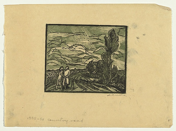 Artist: b'Groblicka, Lidia.' | Title: b'Country road' | Date: 1955-56 | Technique: b'woodcut, printed in colour, from multiple blocks' Artist: b'Groblicka, Lidia.' | Title: b'Country road' | Date: 1955-56 | Technique: b'woodcut, printed in colour, from multiple blocks'
