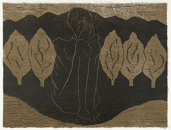 Artist: b'Atkins, Ros.' | Title: b'The other side' | Date: 1994 | Technique: b'woodcut, printed in colour, from two blocks' Artist: b'Atkins, Ros.' | Title: b'The other side' | Date: 1994 | Technique: b'woodcut, printed in colour, from two blocks'