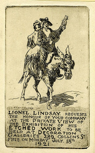 Artist: b'LINDSAY, Lionel' | Title: b'Invitation to exhibition at Decoration Galleries.' | Date: 1921 | Technique: b'etching, printed in black ink, from one copper plate' | Copyright: b'Courtesy of the National Library of Australia' Artist: b'LINDSAY, Lionel' | Title: b'Invitation to exhibition at Decoration Galleries.' | Date: 1921 | Technique: b'etching, printed in black ink, from one copper plate' | Copyright: b'Courtesy of the National Library of Australia'