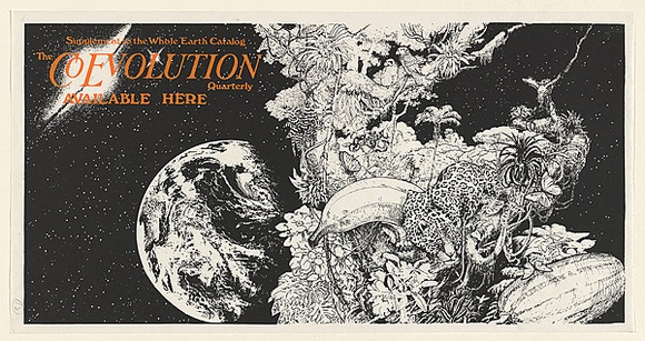 Artist: b'LITTLE, Colin' | Title: b'The Co Evolution Quarterly available here' | Date: 1976 | Technique: b'screenprint, printed in colour, from two stencils' Artist: b'LITTLE, Colin' | Title: b'The Co Evolution Quarterly available here' | Date: 1976 | Technique: b'screenprint, printed in colour, from two stencils'