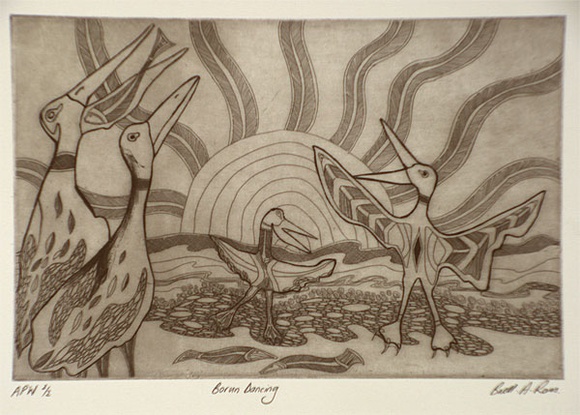 Artist: b'Ross, Brett A.' | Title: b'Borun dancing (4 birds)' | Date: 1999, May | Technique: b'etching, printed in black ink, from one plate' Artist: b'Ross, Brett A.' | Title: b'Borun dancing (4 birds)' | Date: 1999, May | Technique: b'etching, printed in black ink, from one plate'