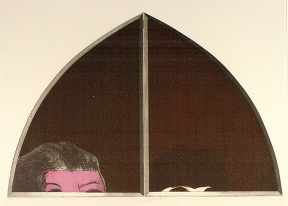 Artist: b'BALDESSIN, George' | Title: b'Personages and gothic II.' | Date: 1969 | Technique: b'etching and aquatint, printed in black ink, from two shaped plates; stencil, printed in colour, from three stencils' Artist: b'BALDESSIN, George' | Title: b'Personages and gothic II.' | Date: 1969 | Technique: b'etching and aquatint, printed in black ink, from two shaped plates; stencil, printed in colour, from three stencils'