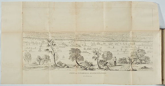 Artist: b'Ham Brothers.' | Title: b'View from Youang Hill, North Pyrenees, Victoria.' | Date: 1851 | Technique: b'engraving, printed in black ink, from one copper plate' Artist: b'Ham Brothers.' | Title: b'View from Youang Hill, North Pyrenees, Victoria.' | Date: 1851 | Technique: b'engraving, printed in black ink, from one copper plate'