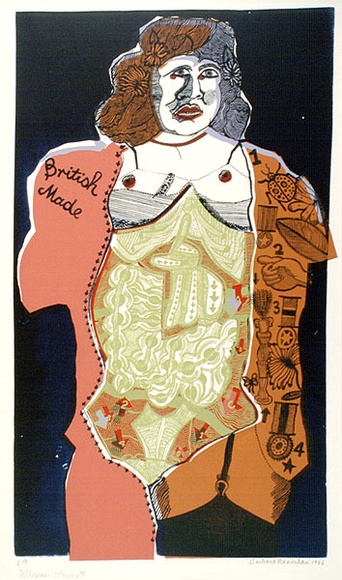 Artist: b'HANRAHAN, Barbara' | Title: b'British made' | Date: 1966 | Technique: b'screenprint, printed in colour, from six stencils' Artist: b'HANRAHAN, Barbara' | Title: b'British made' | Date: 1966 | Technique: b'screenprint, printed in colour, from six stencils'