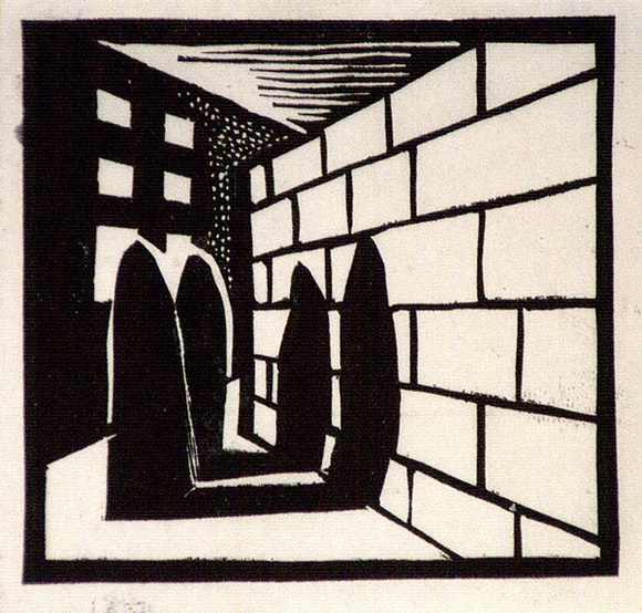 Artist: b'Barwell, Geoff.' | Title: b'(The courtyard).' | Date: (1955) | Technique: b'linocut, printed in black ink, from one block' Artist: b'Barwell, Geoff.' | Title: b'(The courtyard).' | Date: (1955) | Technique: b'linocut, printed in black ink, from one block'