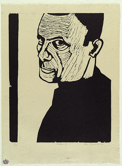 Artist: b'MADDOCK, Bea' | Title: b'Male IV' | Date: (1967) | Technique: b'woodcut, printed in black ink, from one masonite block' Artist: b'MADDOCK, Bea' | Title: b'Male IV' | Date: (1967) | Technique: b'woodcut, printed in black ink, from one masonite block'
