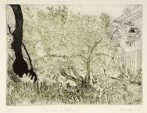 Artist: b'Shearer, Mitzi.' | Title: b'The cat is looking on' | Date: 1979 | Technique: b'etching, printed in black and green ink, from one plate' Artist: b'Shearer, Mitzi.' | Title: b'The cat is looking on' | Date: 1979 | Technique: b'etching, printed in black and green ink, from one plate'