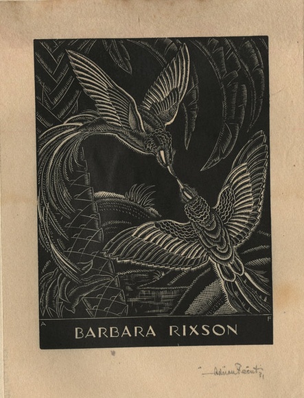 Artist: b'FEINT, Adrian' | Title: b'Bookplate: Barbara Rixson.' | Date: 1931 | Technique: b'wood-engraving, printed in black ink, from one block' | Copyright: b'Courtesy the Estate of Adrian Feint' Artist: b'FEINT, Adrian' | Title: b'Bookplate: Barbara Rixson.' | Date: 1931 | Technique: b'wood-engraving, printed in black ink, from one block' | Copyright: b'Courtesy the Estate of Adrian Feint'