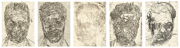 Artist: b'PARR, Mike' | Title: b'Pool of Blood 1-5.' | Date: 1988 | Technique: b'etching and aquatints, printed in black ink, each from one plate' Artist: b'PARR, Mike' | Title: b'Pool of Blood 1-5.' | Date: 1988 | Technique: b'etching and aquatints, printed in black ink, each from one plate'