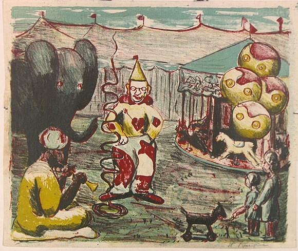 Artist: b'ROSENGRAVE, Harry' | Title: b'(The rope trick)' | Date: (1953) | Technique: b'lithograph, printed in colour, from four plates' Artist: b'ROSENGRAVE, Harry' | Title: b'(The rope trick)' | Date: (1953) | Technique: b'lithograph, printed in colour, from four plates'