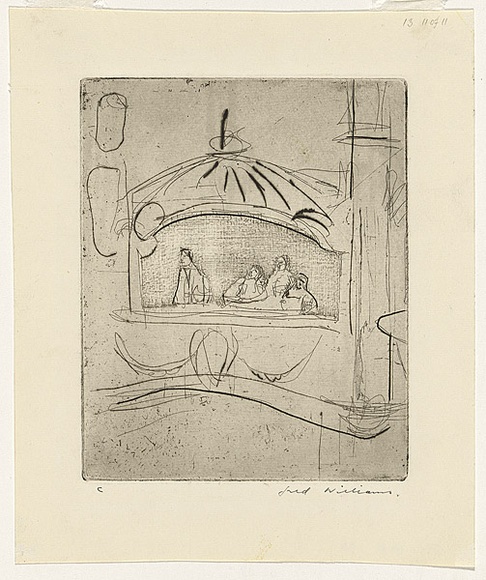 Artist: b'WILLIAMS, Fred' | Title: b'Chelsea Palace' | Date: 1955-56 | Technique: b'burnished etching, aquatint, drypoint, engraving, printed in black ink, from one copper plate' | Copyright: b'\xc2\xa9 Fred Williams Estate' Artist: b'WILLIAMS, Fred' | Title: b'Chelsea Palace' | Date: 1955-56 | Technique: b'burnished etching, aquatint, drypoint, engraving, printed in black ink, from one copper plate' | Copyright: b'\xc2\xa9 Fred Williams Estate'