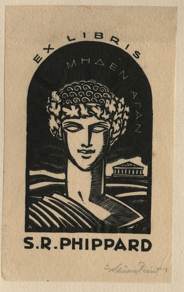 Artist: b'FEINT, Adrian' | Title: b'Bookplate: S.R. Phippard.' | Date: 1929 | Technique: b'wood-engraving, printed in black ink, from one block' | Copyright: b'Courtesy the Estate of Adrian Feint' Artist: b'FEINT, Adrian' | Title: b'Bookplate: S.R. Phippard.' | Date: 1929 | Technique: b'wood-engraving, printed in black ink, from one block' | Copyright: b'Courtesy the Estate of Adrian Feint'