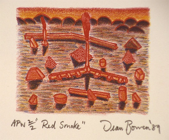 Artist: b'Bowen, Dean.' | Title: b'Red smoke' | Date: 1989, December | Technique: b'lithograph, printed in colour, from three stones' Artist: b'Bowen, Dean.' | Title: b'Red smoke' | Date: 1989, December | Technique: b'lithograph, printed in colour, from three stones'