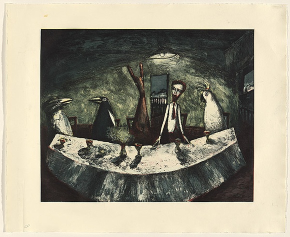 Artist: b'Shead, Garry.' | Title: b'Supper' | Date: 1995-96 | Technique: b'etching, printed in blue-black, yellow, red and blue inks, from multiple plates' | Copyright: b'\xc2\xa9 Garry Shead' Artist: b'Shead, Garry.' | Title: b'Supper' | Date: 1995-96 | Technique: b'etching, printed in blue-black, yellow, red and blue inks, from multiple plates' | Copyright: b'\xc2\xa9 Garry Shead'
