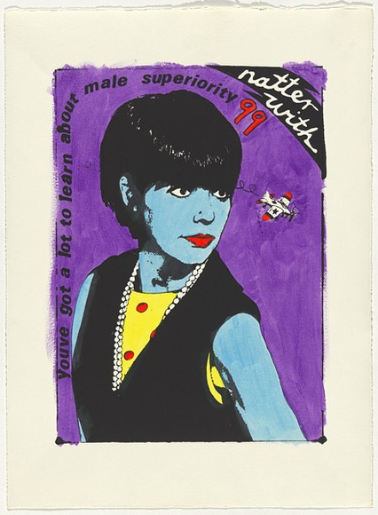 Artist: b'WORSTEAD, Paul' | Title: b'Natter with 99' | Date: 1980 | Technique: b'screenprint, printed in black ink, from one stencil; hand-coloured' | Copyright: b'This work appears on screen courtesy of the artist' Artist: b'WORSTEAD, Paul' | Title: b'Natter with 99' | Date: 1980 | Technique: b'screenprint, printed in black ink, from one stencil; hand-coloured' | Copyright: b'This work appears on screen courtesy of the artist'