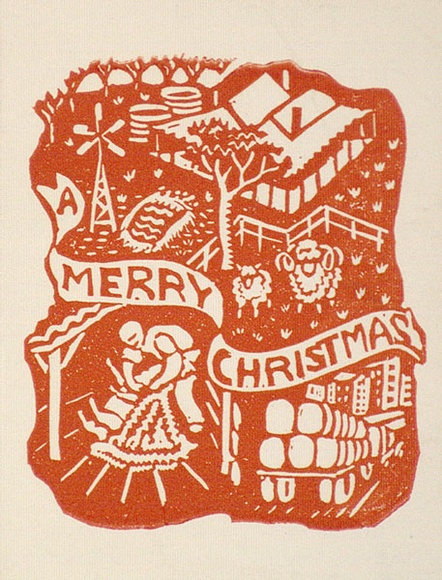 Artist: b'OGILVIE, Helen' | Title: b'Greeting card: Christmas' | Technique: b'linocut, printed in orange ink, from one block' Artist: b'OGILVIE, Helen' | Title: b'Greeting card: Christmas' | Technique: b'linocut, printed in orange ink, from one block'