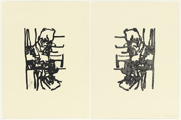 Artist: b'PARR, Mike' | Title: b'Face to face (diptych).' | Date: 2003 | Technique: b'woodcut, printed in black ink, from one block; lithograph, printed in black ink, from one plate' Artist: b'PARR, Mike' | Title: b'Face to face (diptych).' | Date: 2003 | Technique: b'woodcut, printed in black ink, from one block; lithograph, printed in black ink, from one plate'