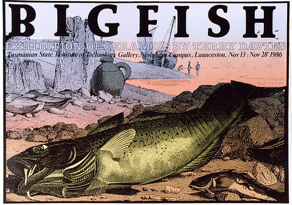 Artist: b'ARNOLD, Raymond' | Title: b'Big fish. Exhibition of ceramics by Terry Davies 1986.' | Date: 1986 | Technique: b'screenprint, printed in colour, from seven stencils' Artist: b'ARNOLD, Raymond' | Title: b'Big fish. Exhibition of ceramics by Terry Davies 1986.' | Date: 1986 | Technique: b'screenprint, printed in colour, from seven stencils'