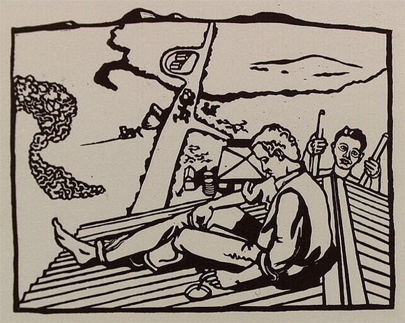 Artist: b'Carrington, Berenice.' | Title: b'On the water tower' | Date: 1991 | Technique: b'linocut, printed in black ink, from one block' Artist: b'Carrington, Berenice.' | Title: b'On the water tower' | Date: 1991 | Technique: b'linocut, printed in black ink, from one block'