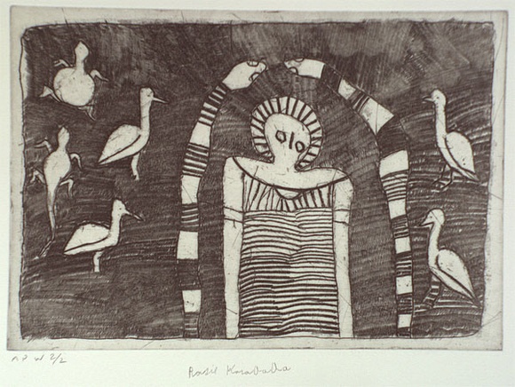 Artist: b'KARADADA, Rosie' | Title: b'not titled [Wandjina figure flanked by two snakes, birds, turtle and goanna]' | Date: 2000, October | Technique: b'etching, printed in black ink, from one plate'