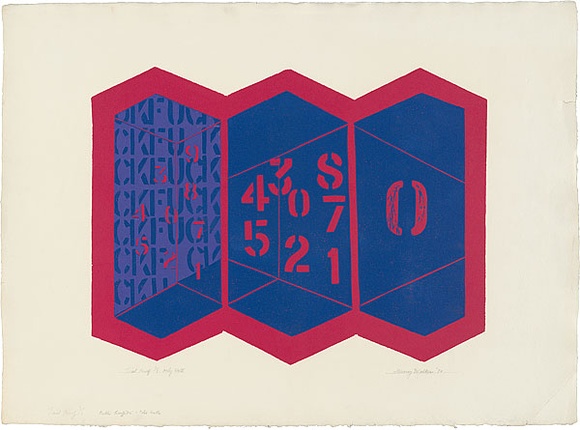 Artist: b'WALKER, Murray' | Title: b'Public graffiti - tiled walls.' | Date: 1970 | Technique: b'linocut, printed in colour, from multiple blocks' Artist: b'WALKER, Murray' | Title: b'Public graffiti - tiled walls.' | Date: 1970 | Technique: b'linocut, printed in colour, from multiple blocks'