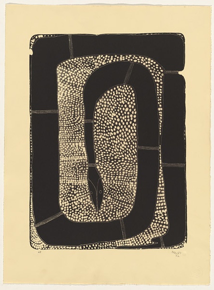 Artist: b'GUDTHAYKUDTHAY, Philip' | Title: b'Wititj - Olive Python' | Date: 1992 | Technique: b'lithograph, printed in balck ink, from one stone' | Copyright: b'\xc2\xa9 Philip Gudthaykudthay. Licensed by VISCOPY, Australia' Artist: b'GUDTHAYKUDTHAY, Philip' | Title: b'Wititj - Olive Python' | Date: 1992 | Technique: b'lithograph, printed in balck ink, from one stone' | Copyright: b'\xc2\xa9 Philip Gudthaykudthay. Licensed by VISCOPY, Australia'