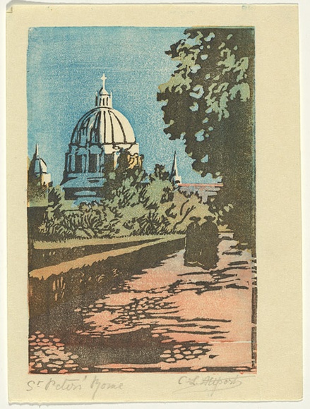 Artist: b'Allport, C.L.' | Title: bSt. Peter's, Rome. | Date: 1929 | Technique: b'linocut, printed in colour, from multiple blocks' Artist: b'Allport, C.L.' | Title: bSt. Peter's, Rome. | Date: 1929 | Technique: b'linocut, printed in colour, from multiple blocks'