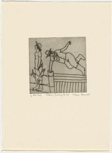 Artist: b'Robinson, William.' | Title: b'William jumping the gate' | Date: 1990 | Technique: b'etching, printed in black ink, with plate-tone, from one plate' Artist: b'Robinson, William.' | Title: b'William jumping the gate' | Date: 1990 | Technique: b'etching, printed in black ink, with plate-tone, from one plate'